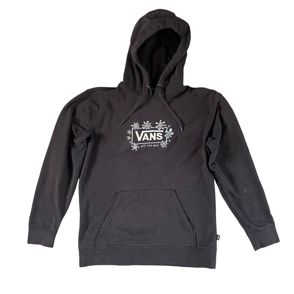 VANS Trippy Grin Hoodie Sweatshirt Pullover size M Black Embroidered Flower READ